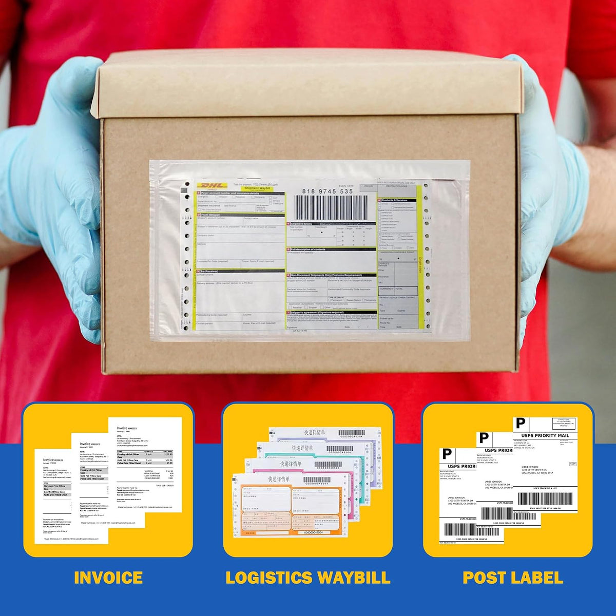 Pack 100 Clear Plastic Self-Adhesive Shipping Label Sleeves - Packing Slip Envelope Pouches - Durable, Waterproof