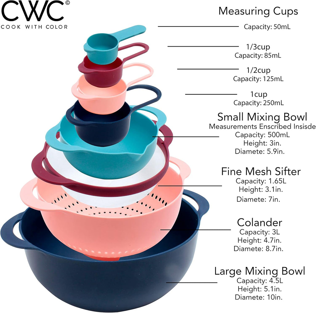 Nesting Bowls with Measuring Cups Colander and Sifter Set - Includes Mixing Bowls, Colander, Sifter and Measuring