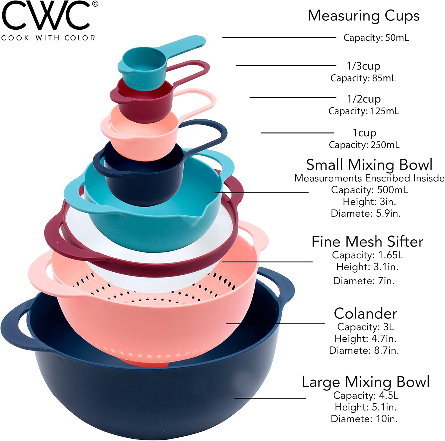 Nesting Bowls with Measuring Cups Colander and Sifter Set - Includes Mixing Bowls, Colander, Sifter and Measuring