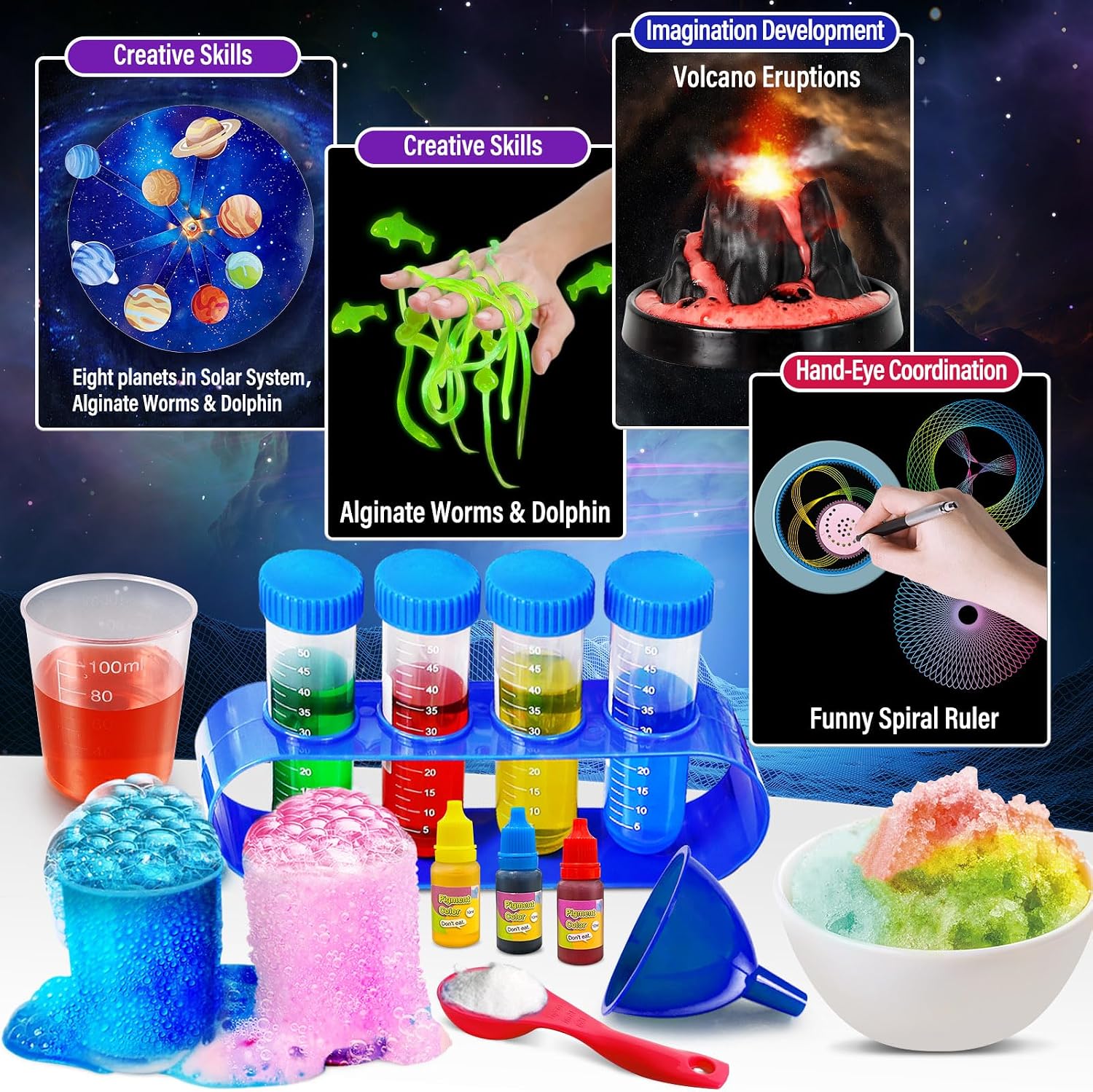 250 Experiment Science Kit for Kids t S.T.E.M Toys | Erupting Volcano, Planet Projects, Bouncy Ball, Scientist Set