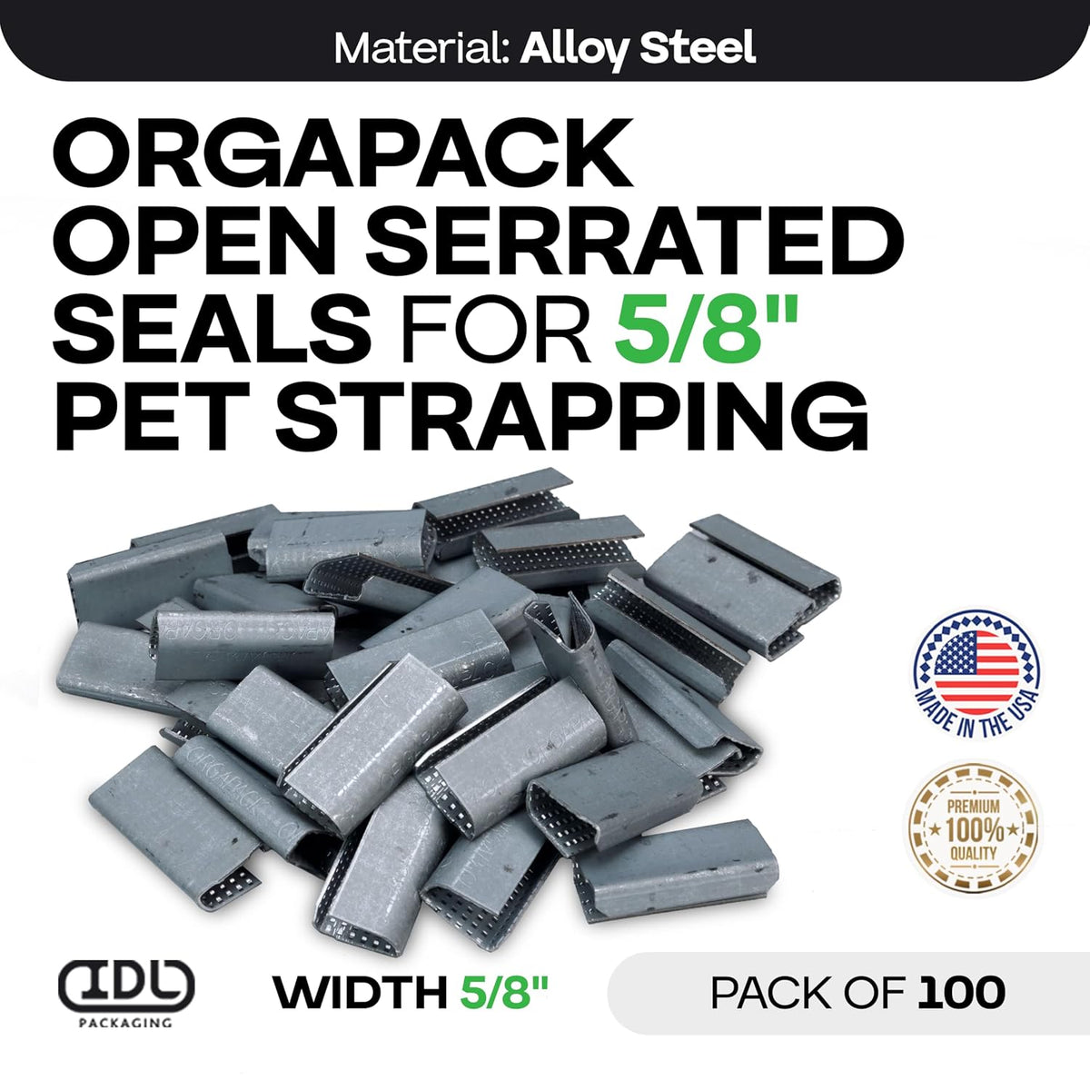Orgapack Open Serrated Seals for 5/8" Strap Width Polyester (PET) Strapping (Pack of 100) - Patented Serrated Pattern