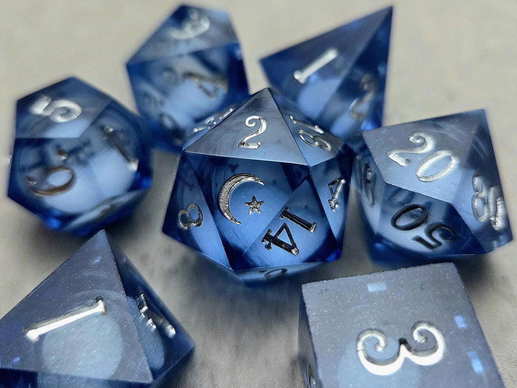 Moon Liquid Core Sharp Edge Crystal Dice Set Polyhedral RPG Tabletop Dice