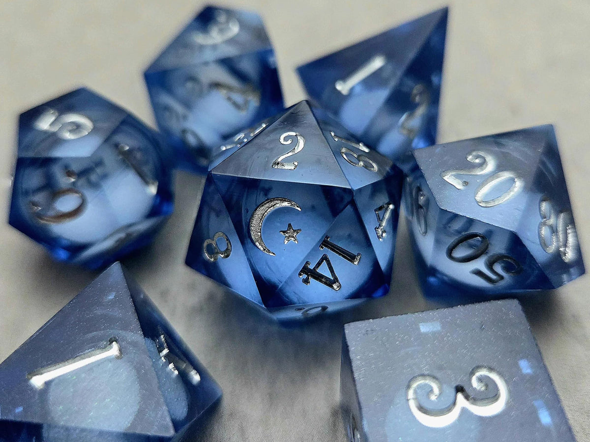 Moon Liquid Core Sharp Edge Crystal Dice Set Polyhedral RPG Tabletop Dice
