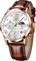 Mens Watches Leather Chronograph Luxury Fashion Dress Analog Quartz Wrist Watch Luminous Waterproof Moon Phase Date