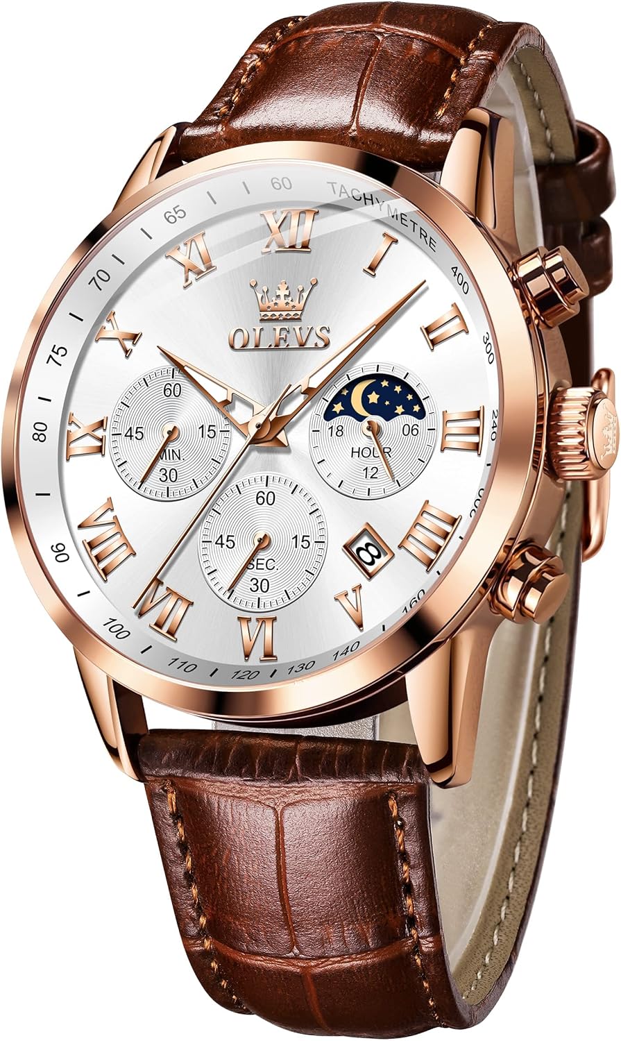 Mens Watches Leather Chronograph Luxury Fashion Dress Analog Quartz Wrist Watch Luminous Waterproof Moon Phase Date
