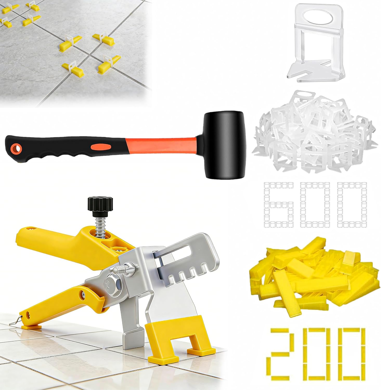 Tile Leveling System with Tile Pliers and Hammer, 600 Piece Tile Spacers 1/8 Inch Tile Clips and 200 Piece Reusable