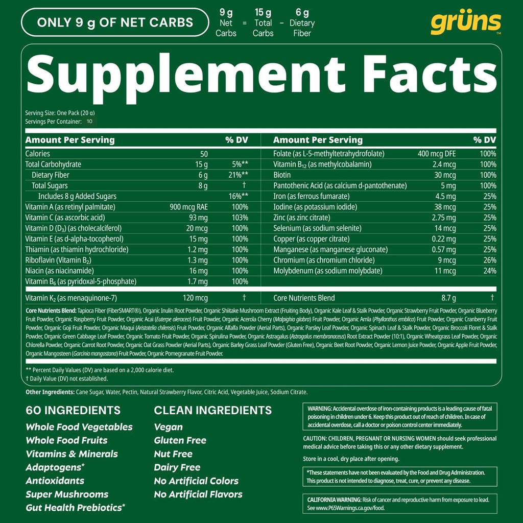 Gruns Adults Super Greens Gummies, Multivitamin Superfood Gummy Bears, Spirulina, Chlorella, Prebiotics & Fiber