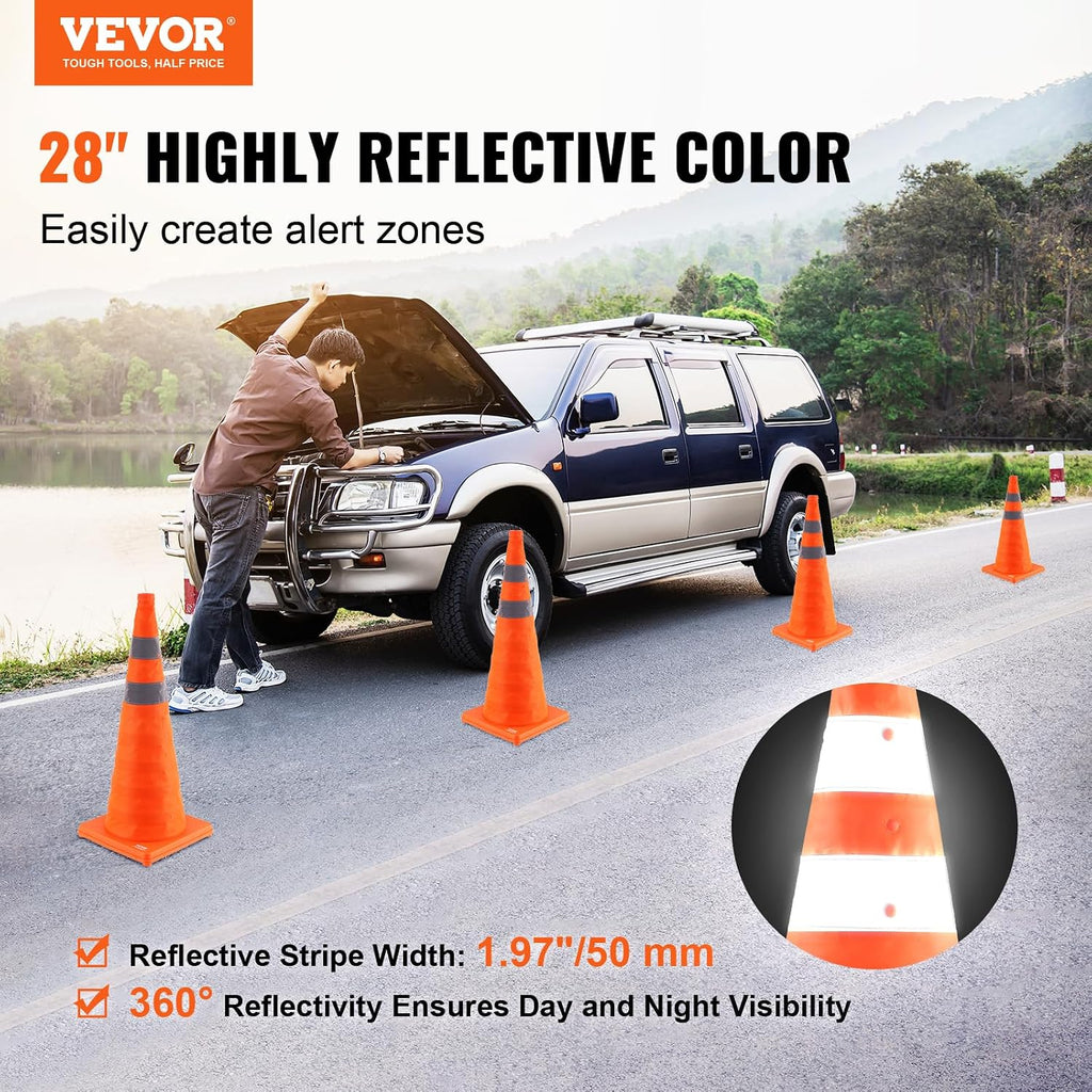 Safety Cones, 4 Pack 28 inch Collapsible Traffic Cones, Construction Cones with Reflective Collars, Wide Base and A