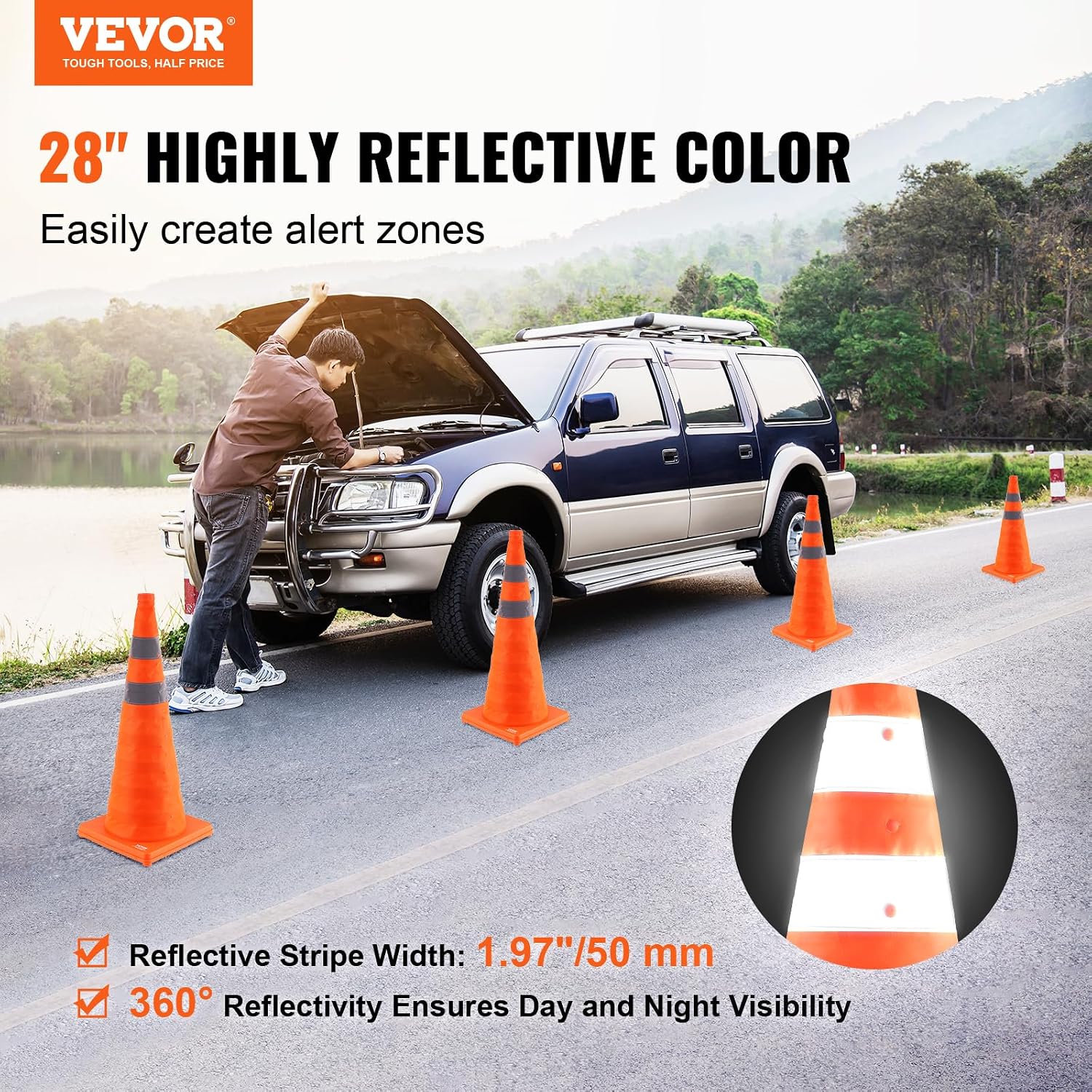 Safety Cones, 4 Pack 28 inch Collapsible Traffic Cones, Construction Cones with Reflective Collars, Wide Base and A