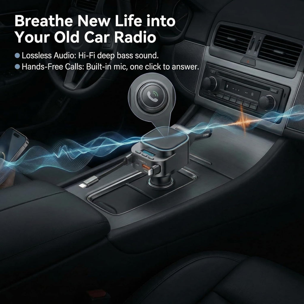 Bluetooth 5.3 Car Adapter, 96W FM Transmitter, 4-in-1 Retractable Charger | 96W Fast Charging | Bluetooth 5.3