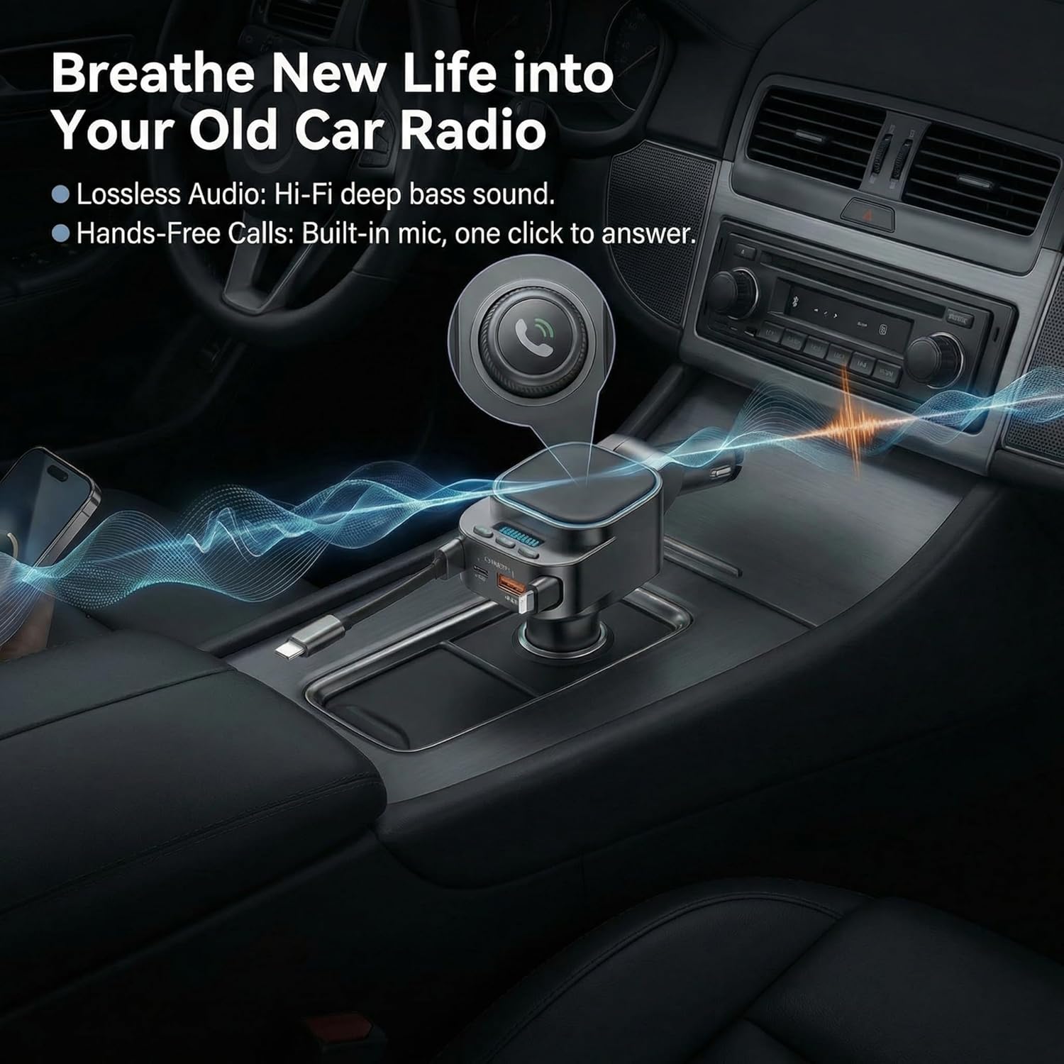 Bluetooth 5.3 Car Adapter, 96W FM Transmitter, 4-in-1 Retractable Charger | 96W Fast Charging | Bluetooth 5.3