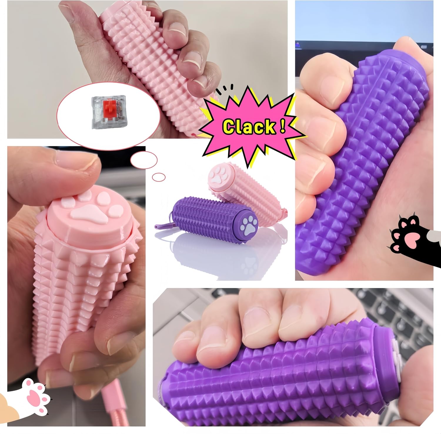 Little Ouchies Fidget Clicker (2 Pack) - Pain Stim Sensory Tool for ADHD Kids & Adults, Stress Relief Focus Keychain