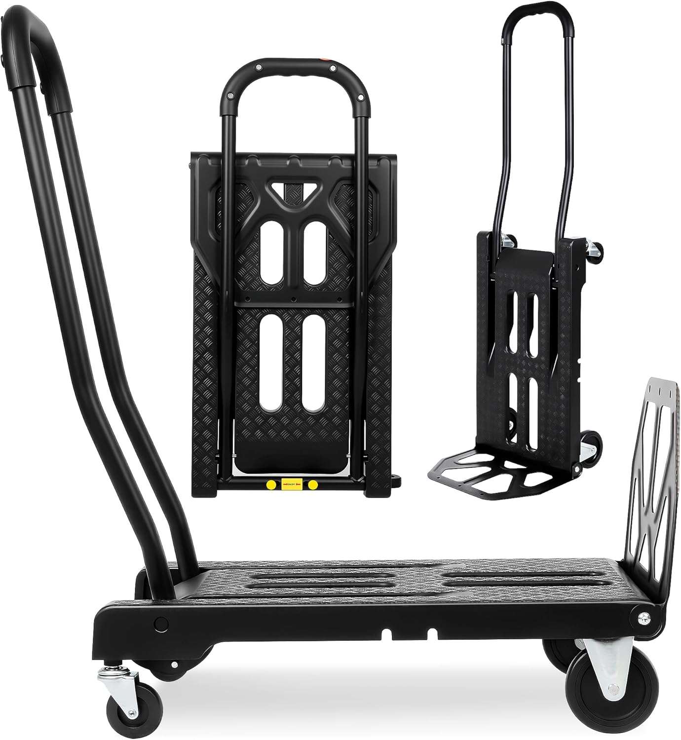 Folding Hand Truck with 4-Wheel Mode, 2 in 1 Collapsible Push Cart & Fold-Up Toe Plate – 300lbs Heavy Duty Dolly Pull