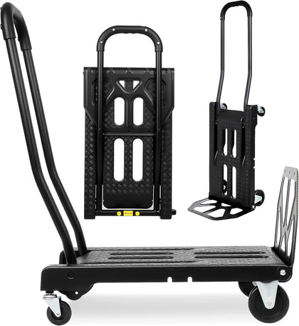 Folding Hand Truck with 4-Wheel Mode, 2 in 1 Collapsible Push Cart & Fold-Up Toe Plate – 300lbs Heavy Duty Dolly Pull