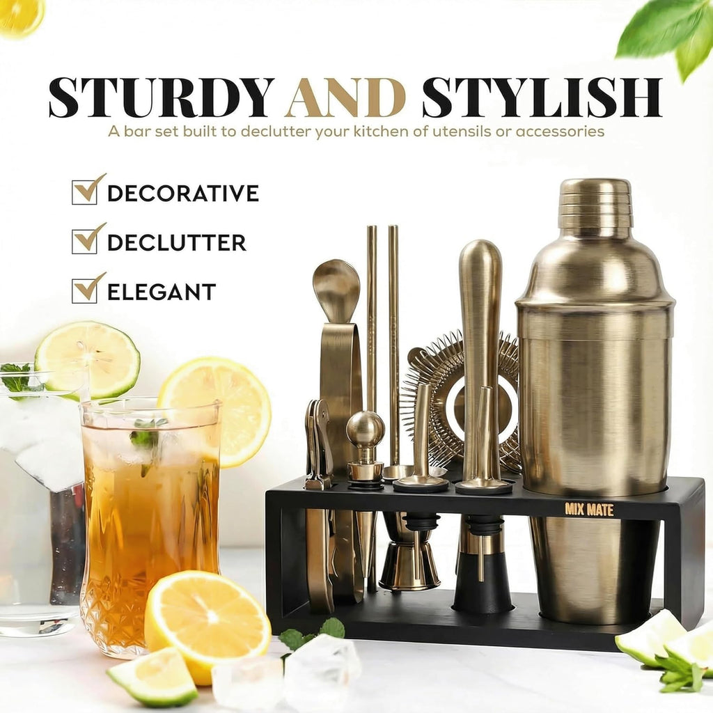 Brushed Brass Mixology Kit - 15 Piece Bar Tool Set, Silver Bar Set Cocktail Shaker Set for Drink Mixing - Includes
