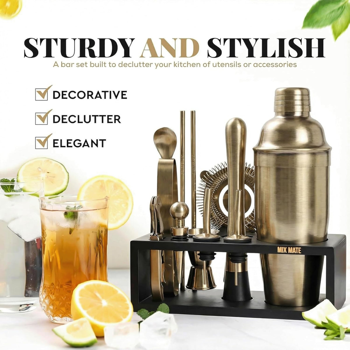 Brushed Brass Mixology Kit - 15 Piece Bar Tool Set, Silver Bar Set Cocktail Shaker Set for Drink Mixing - Includes