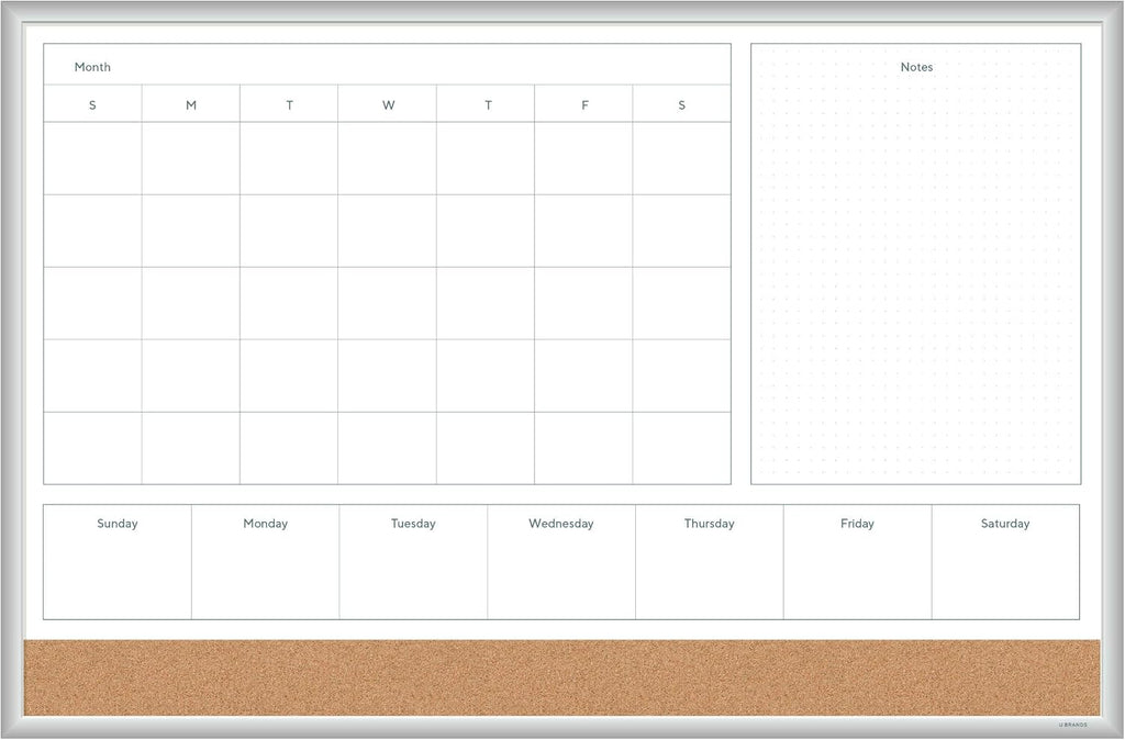 Magnetic Dry Erase 4-in-1 Calendar White Board, 36" x 48", Silver Aluminum Frame
