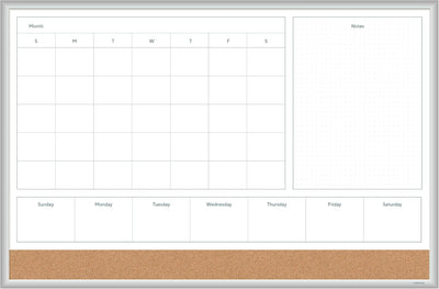 Magnetic Dry Erase 4-in-1 Calendar White Board, 36" x 48", Silver Aluminum Frame