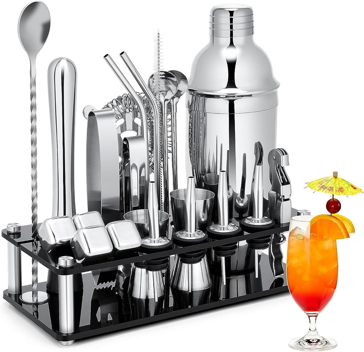 Cocktail Shaker Set, 23 Piece Bartender Kit with Stand 25oz Sliver