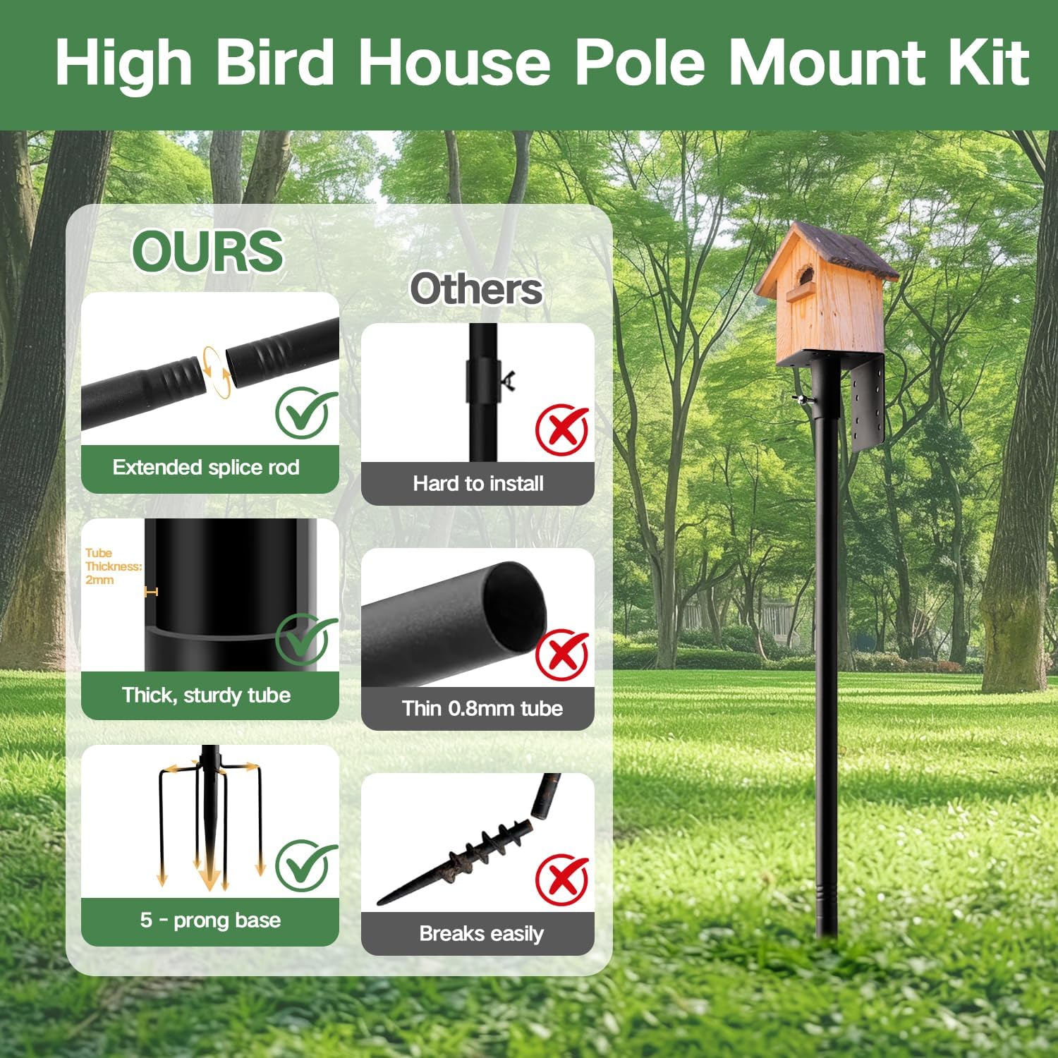 Bird House Pole 79in Heavy Duty Stand for Feeders Houses | Universal Top Plate,Rustproof Coating,5-Prong