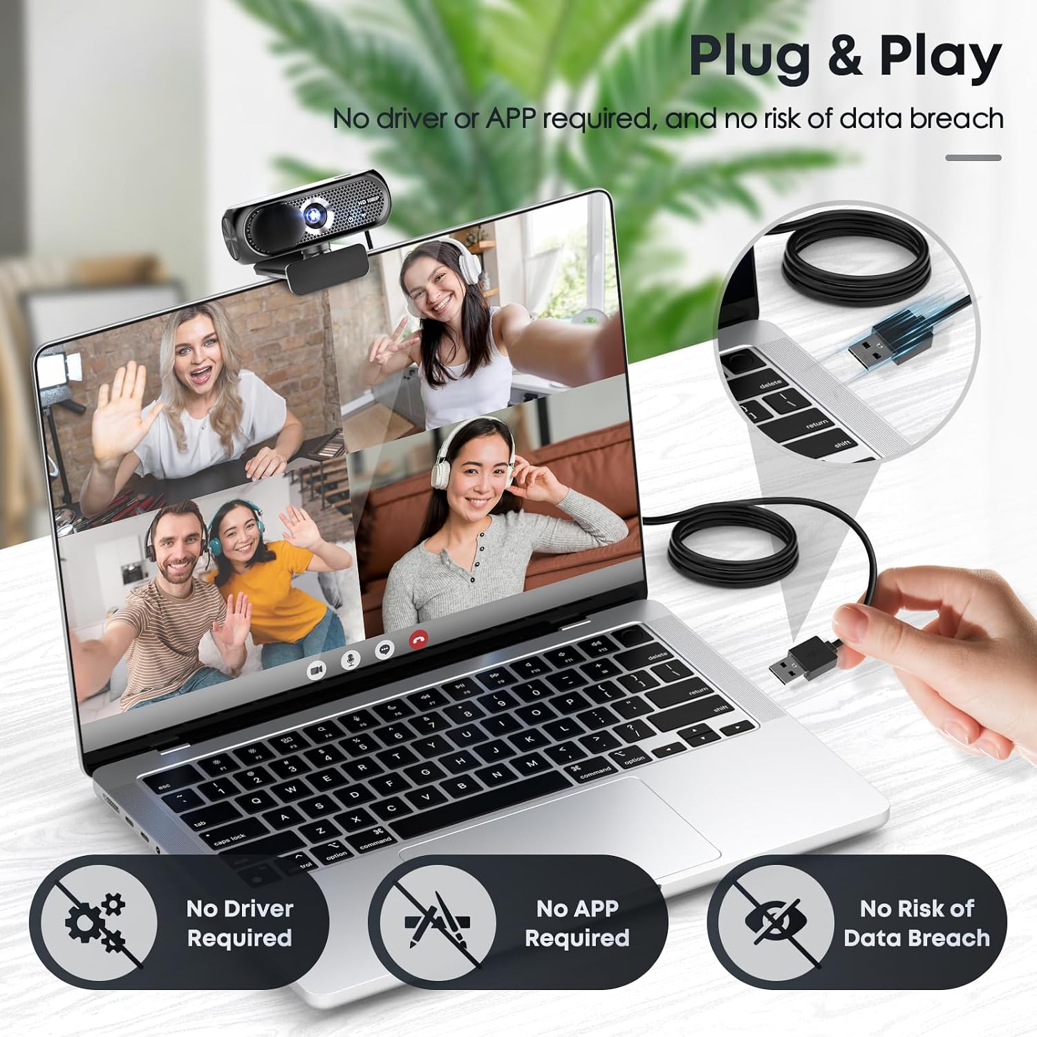 1080P HD Webcam with Microphone, Privacy Cover, Wide-Angle Lens, Plug & Play USB Webcam for Laptop, Desktop, PC, Mac