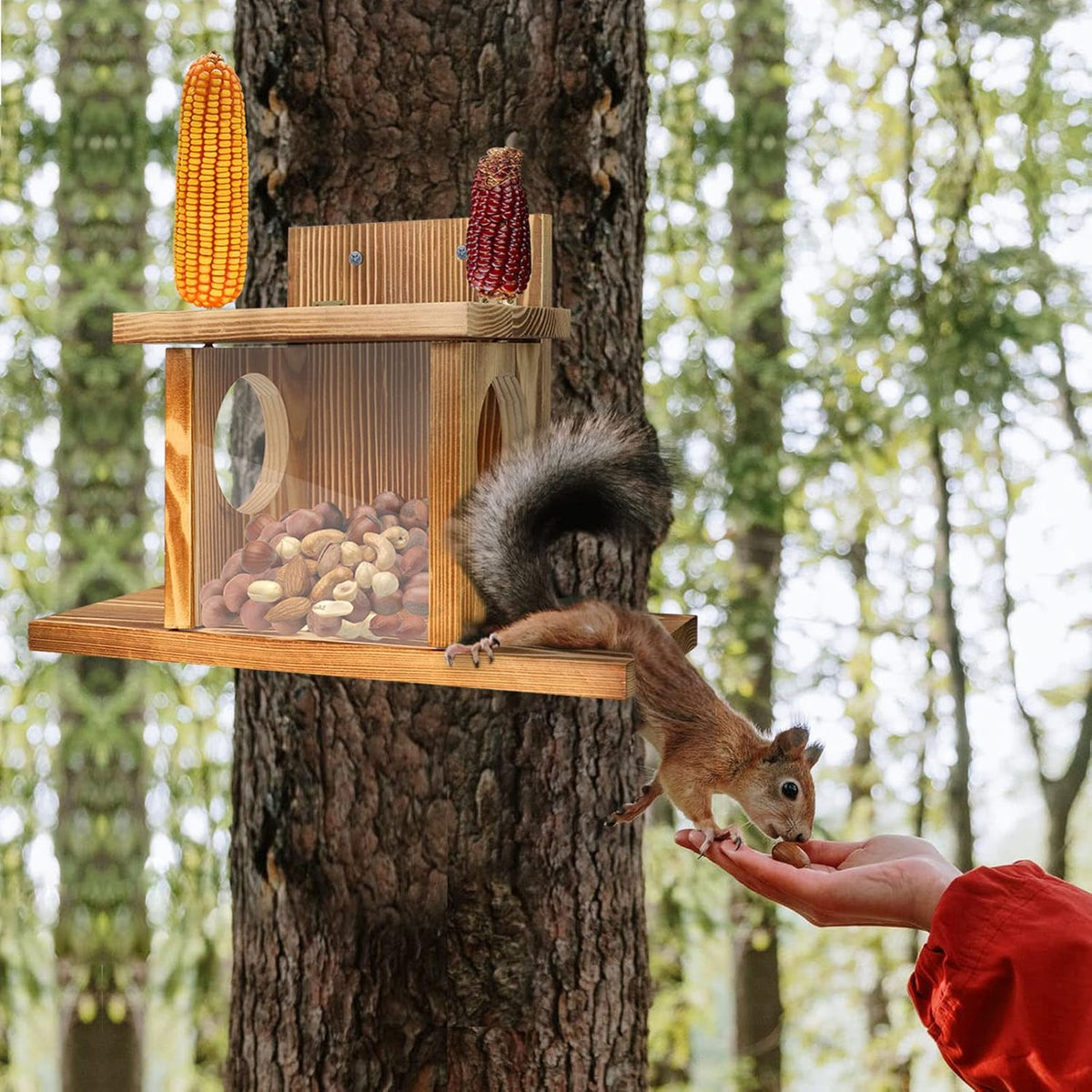 Carbonized Wood Squirrel Feeder, Squirrel Feeders for Outside Winter, Durable Squrrill House Box Easy to Fill with