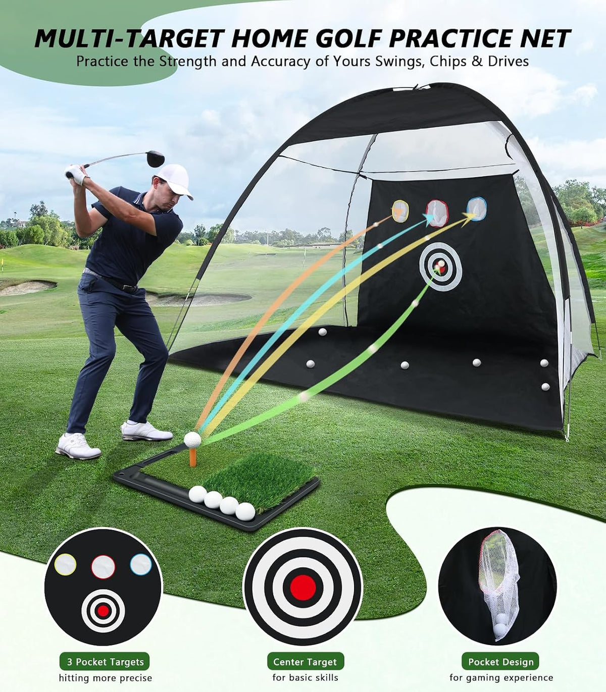 Golf Net, 10 x 7FT Golf Practice Nets for Backyard Driving Hitting Swing Chipping Training with Hitting Mat for