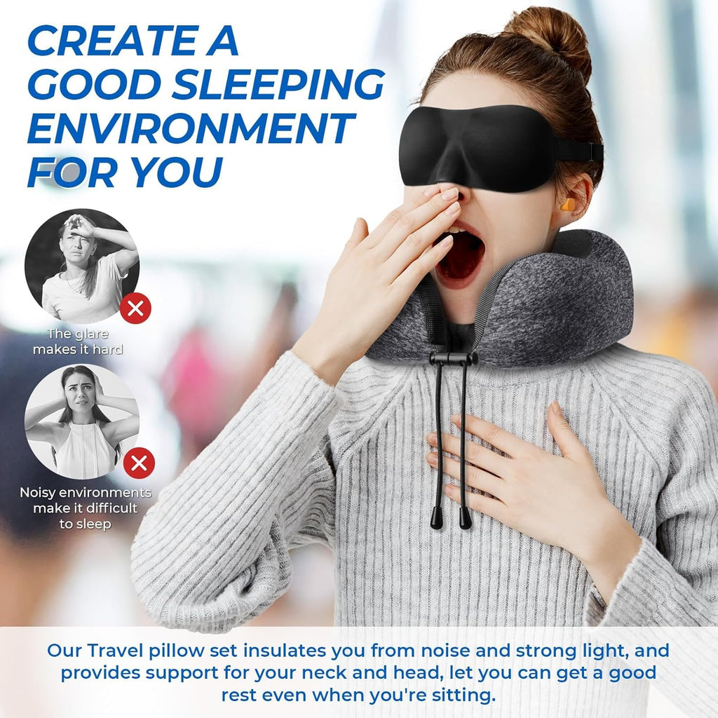 Travel Pillow, Travel Pillows for Sleeping Airplane, Neck Pillow Airplane, Memory Foam Neck Pillow Set with Eye Mask