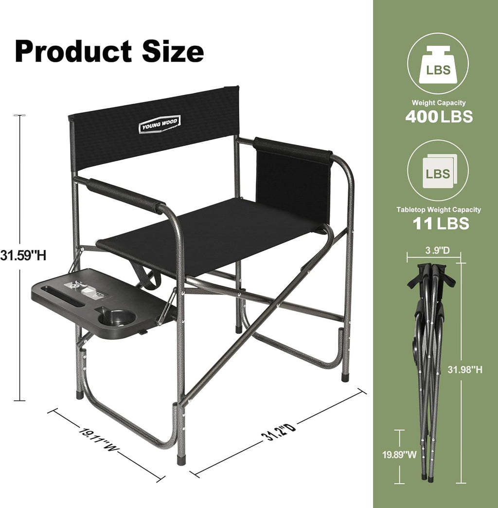 Camping Directors Chair, Lightweight Oversized Portable Folding Chair with Side Table and Storage Pockets for Outdoor