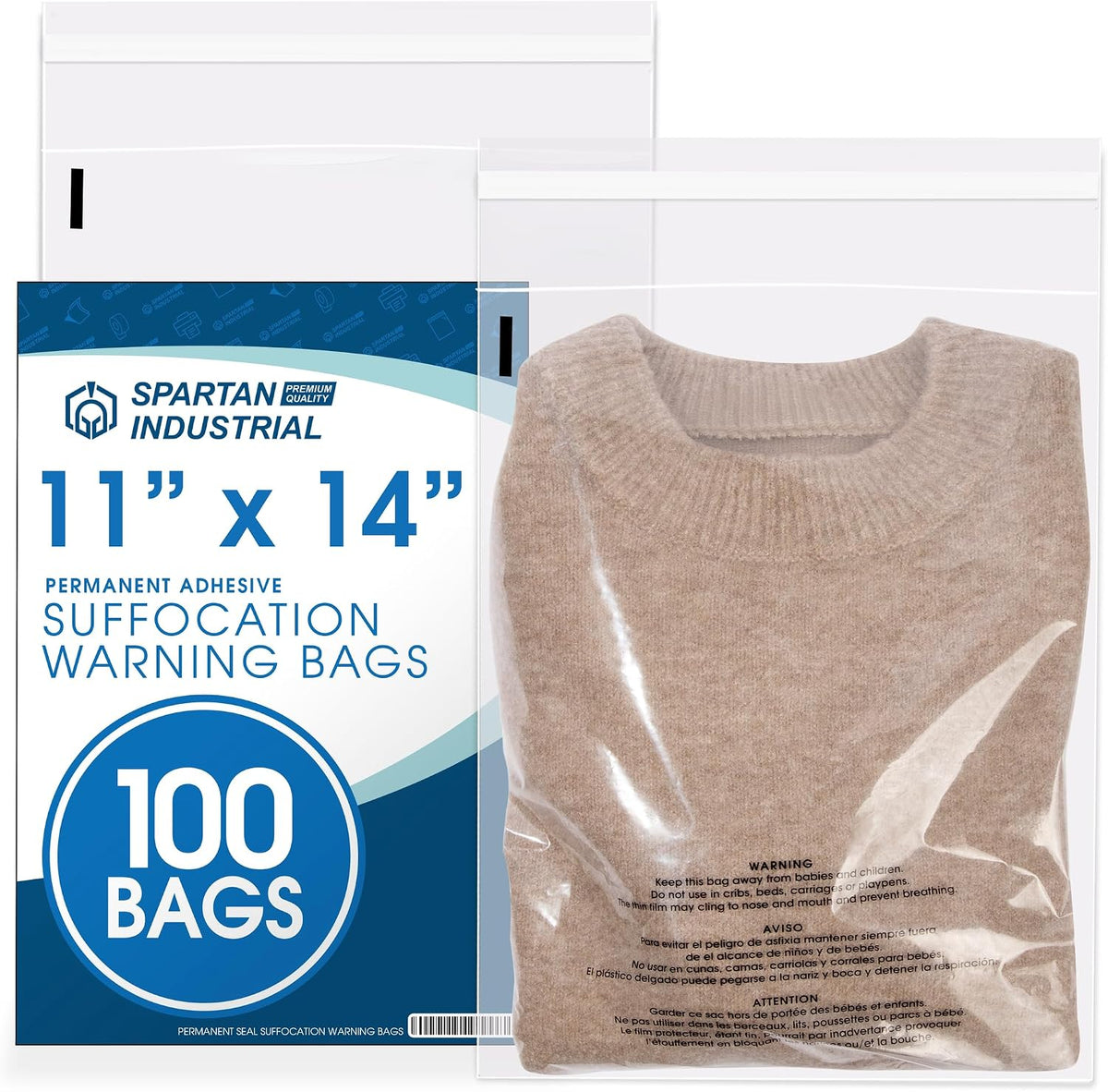 11” X 14” (100 Count) Self Seal Clear Poly Bags with Suffocation Warning