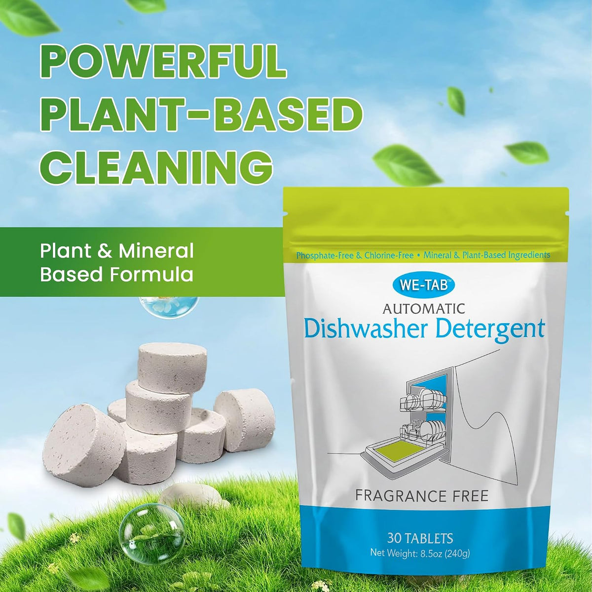 Automatic Dishwasher Detergent Tablets, 30 Count – Fragrance-Free, Plant-Based & Mineral Dishwashing Pods, Phosphate