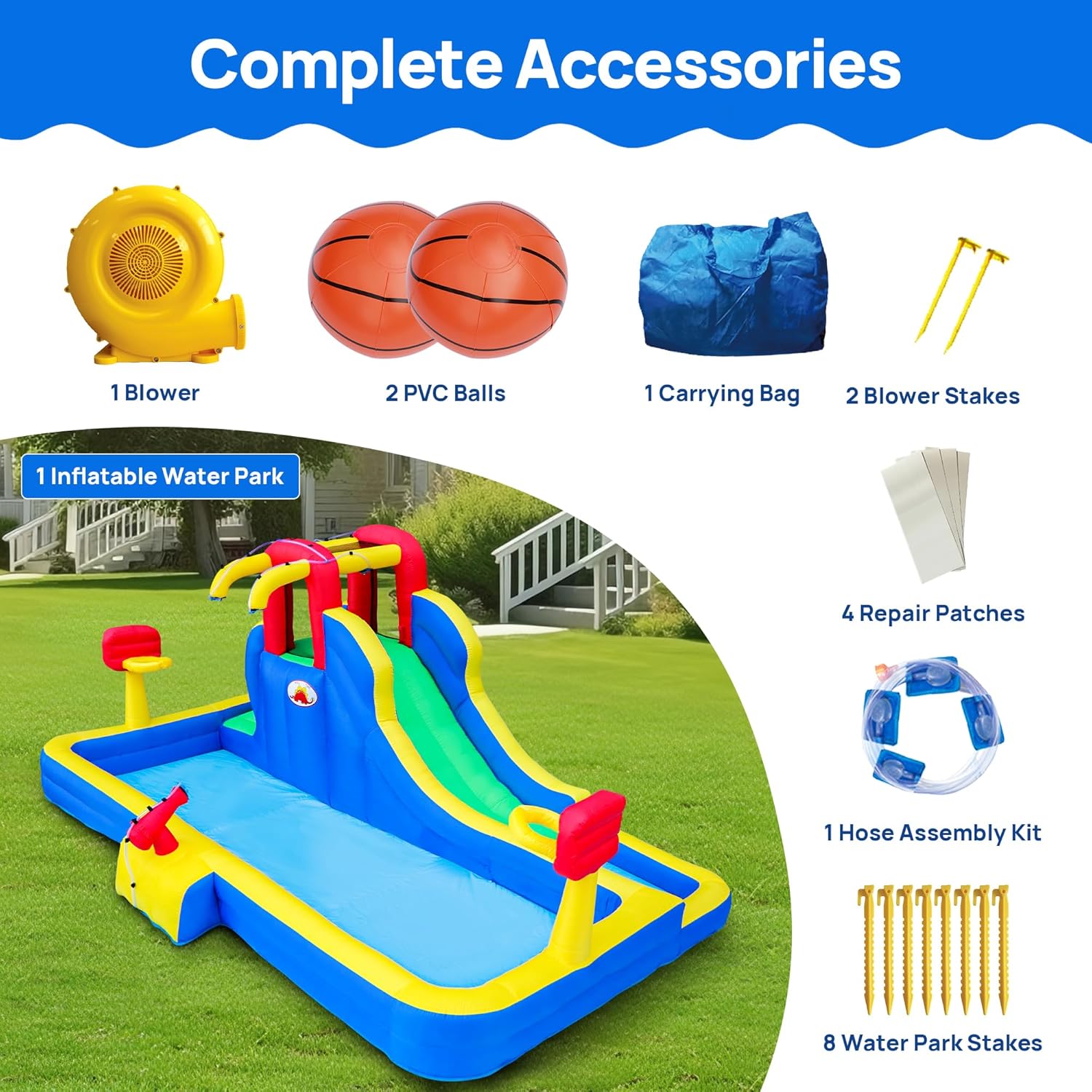 Inflatable Water Park with Blower, Bouncy Castle with Water Cannon and Double Basketball Rings