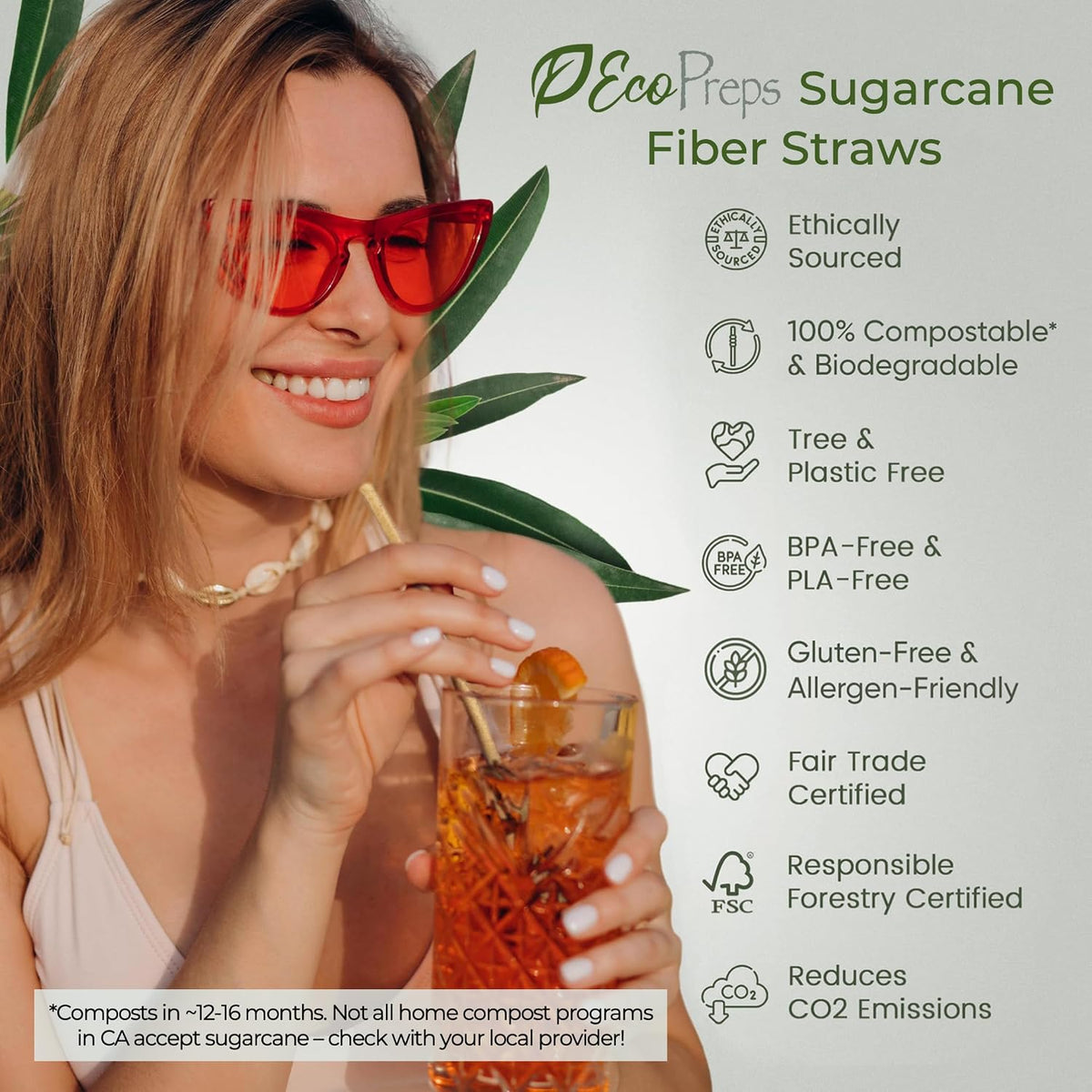 Biodegradable Sugarcane Disposable Straws, Plastic-Free, 150 Count