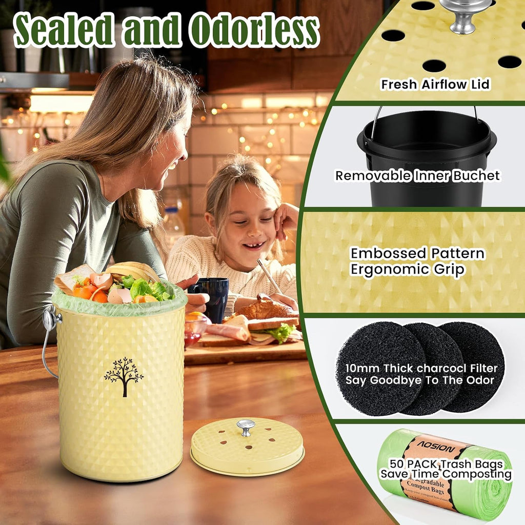 Countertop Kitchen Odorless Compost Bin with Removable Inner Bucket | 1 Gallon Composter Container,Includes 50