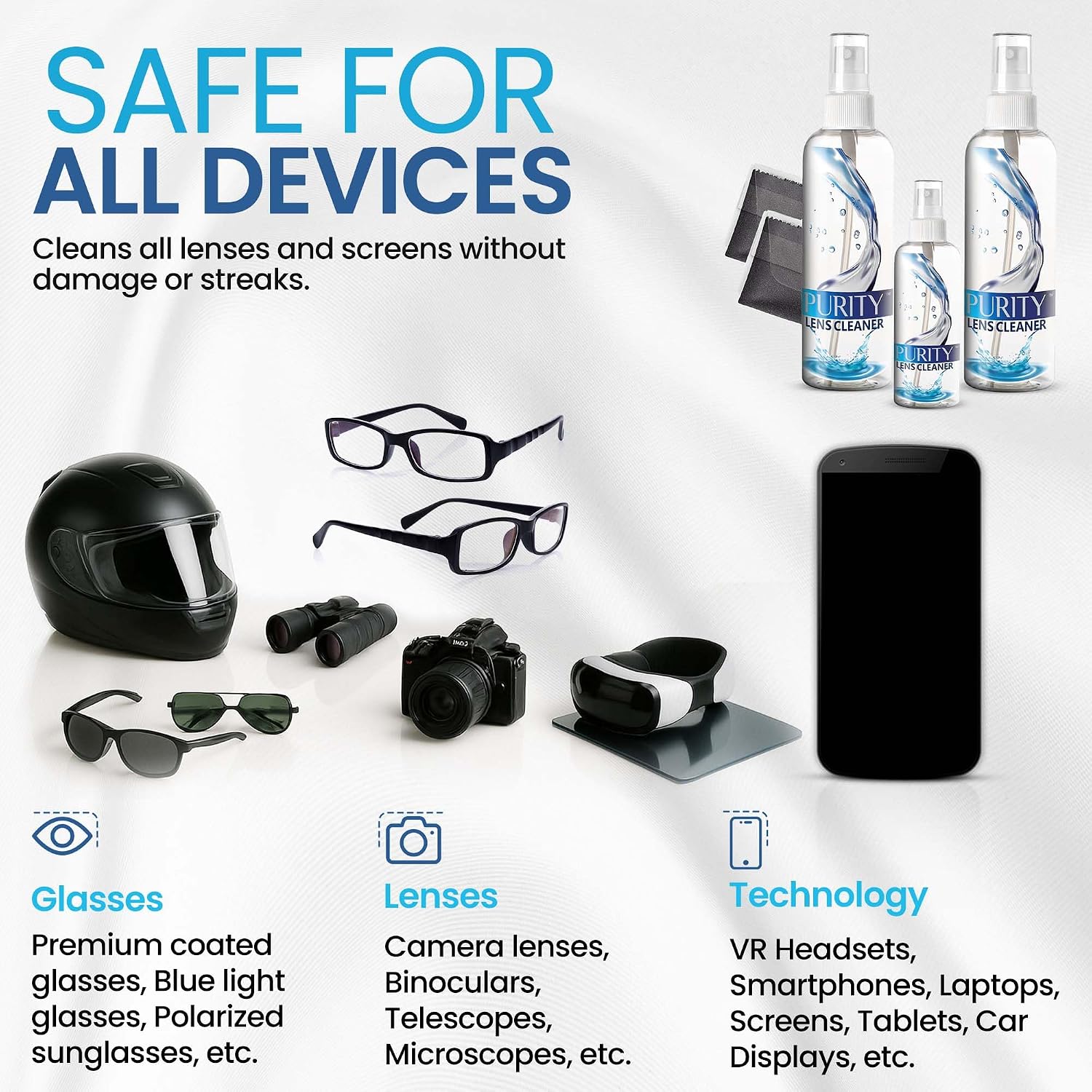 Purity Eyeglass Lens Cleaner Kit - 2 x 8oz and 1 x 2oz Lens Cleaner Spray Bottle + 2 Microfiber Cleaning Cloths