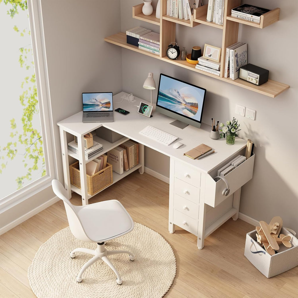 White L Shaped Computer Desk with Drawers & Storage Shelves, 47 Inch Corner Reversible Desk with Power Outlet for