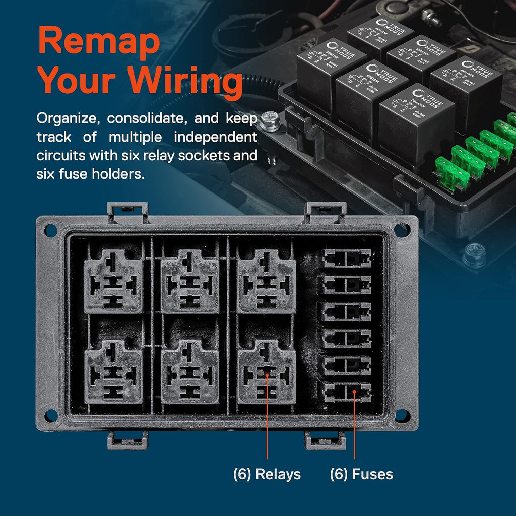 True MODS 12V Automotive Waterproof Fuse Relay Box 5-Pin Relay Block Kit | 6 ATC/ATO Bosch Style Fused Distribution