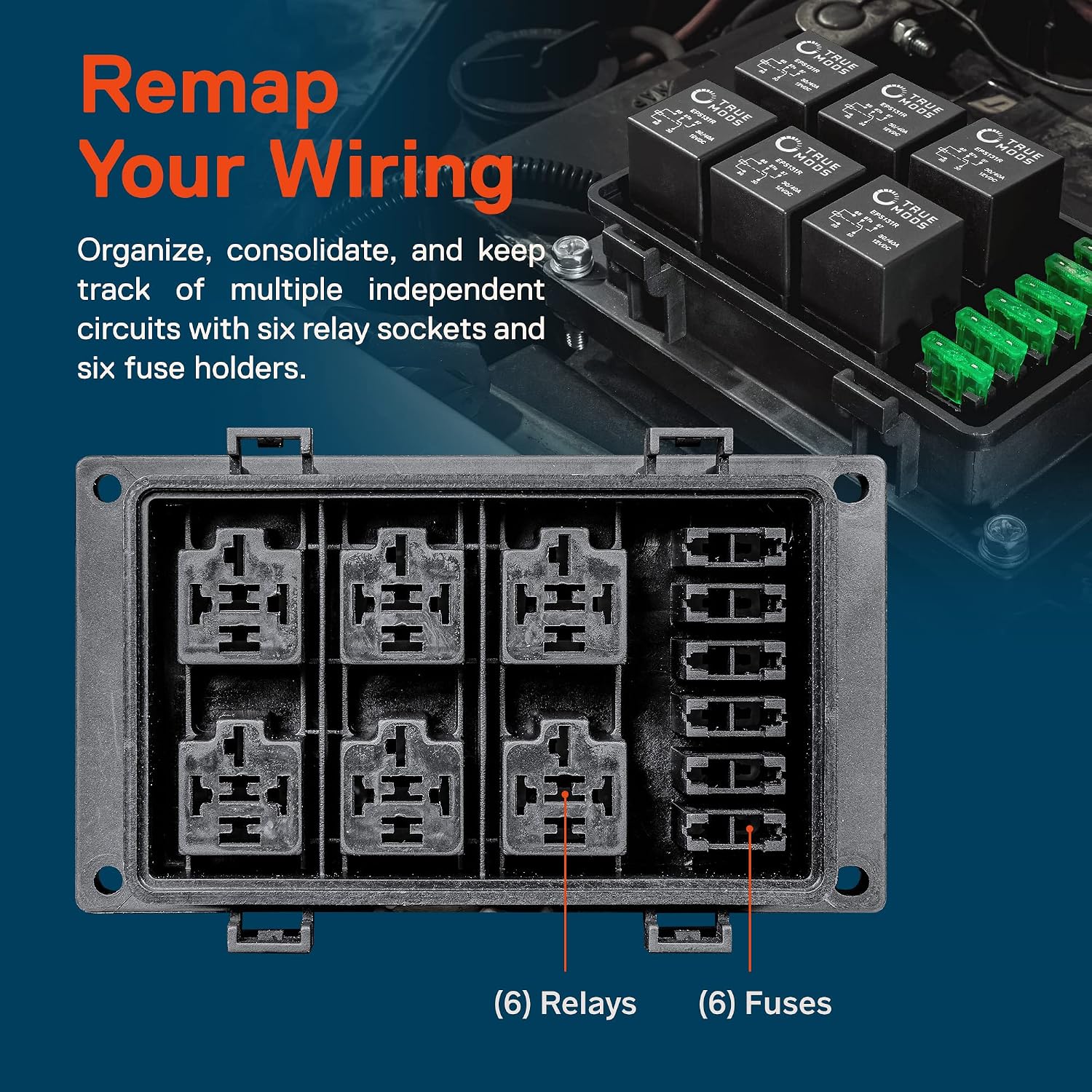 True MODS 12V Automotive Waterproof Fuse Relay Box 5-Pin Relay Block Kit | 6 ATC/ATO Bosch Style Fused Distribution