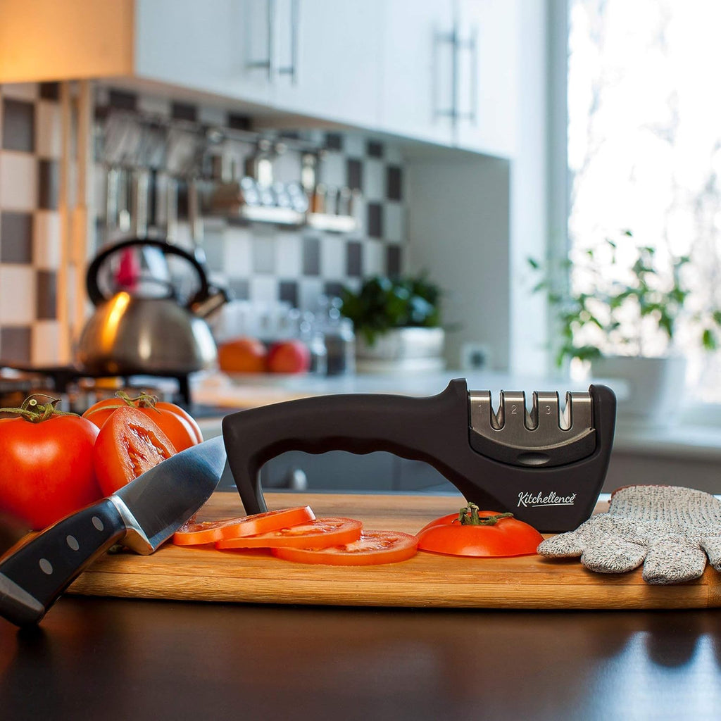 4-in-1 Kitchen Knife Accessories: 3-Stage Knife Sharpener Helps Repair, Restore, Polish Blades and Cut-Resistant