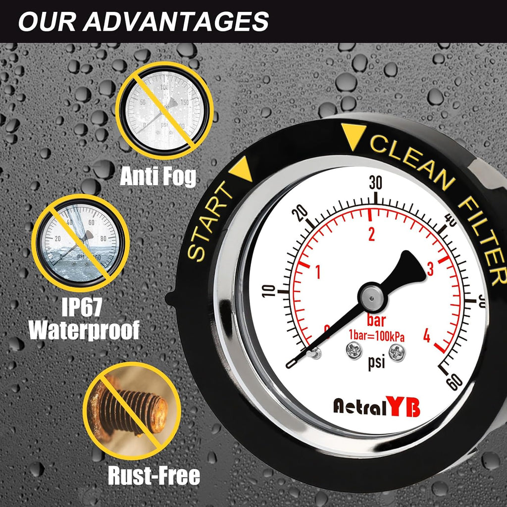 60Psi Pool Filter Pressure Gauge, IP67 Waterproof,2" Dial,1/4NPT