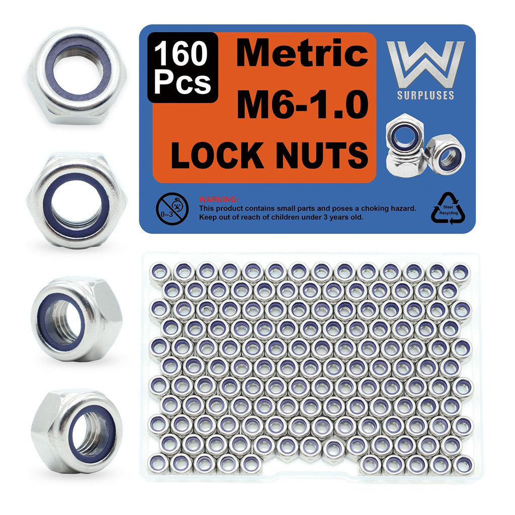 M6-1.0 Nylon Insert Lock Nuts 160 Pack, 304 Stainless Steel Hardware Nuts