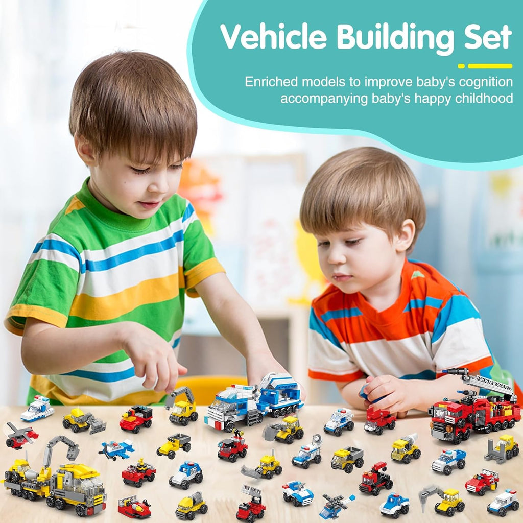 30Pack Mini Cars Building Blocks Party Favors for Kids-Bulk Fire Truck,City Police Car,Construction Vehicle for