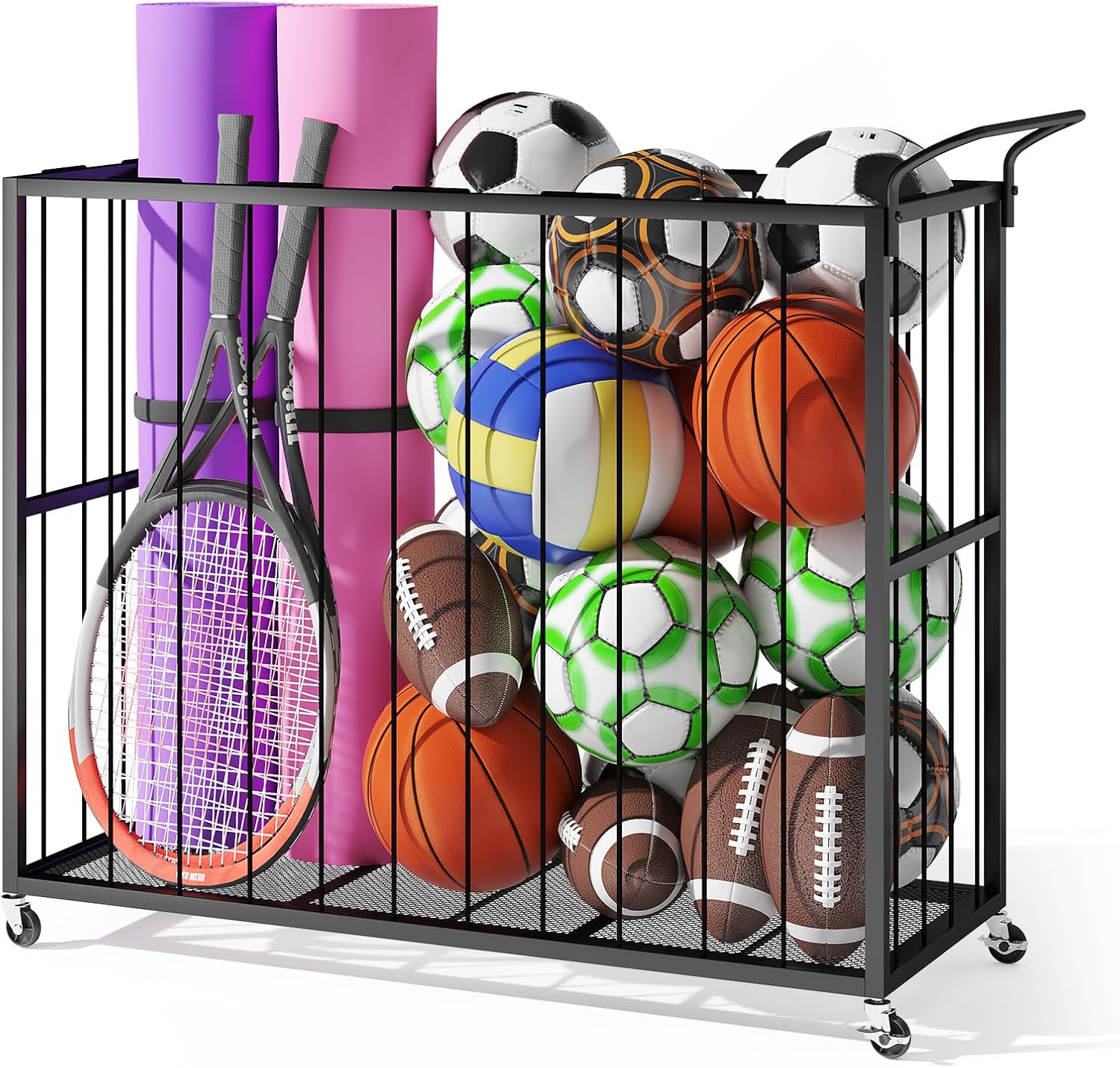 Ball Storage Bin Rolling Sports Ball Cart, Metal Garage Organizer Sport Rack, Ball Basket Storage, Ball Cage for