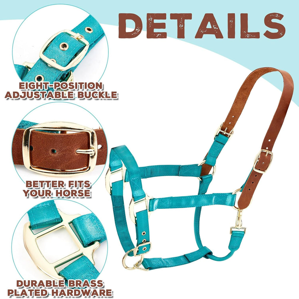 Leather Halter for Horses, Equine Breakaway Nylon Rope Horse Halter with Snap & Adjustable Chin and Throat Snap Hook