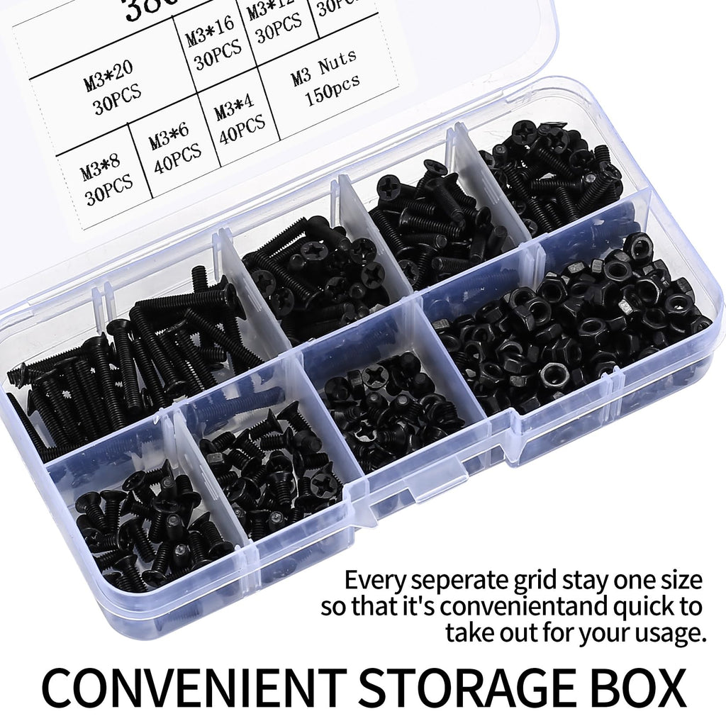 M3 Flat Head Machine Screws and Hex Nuts Kit, 380 Pcs Black Countersunk Head Phillips Screws Bolts Nuts Assortment