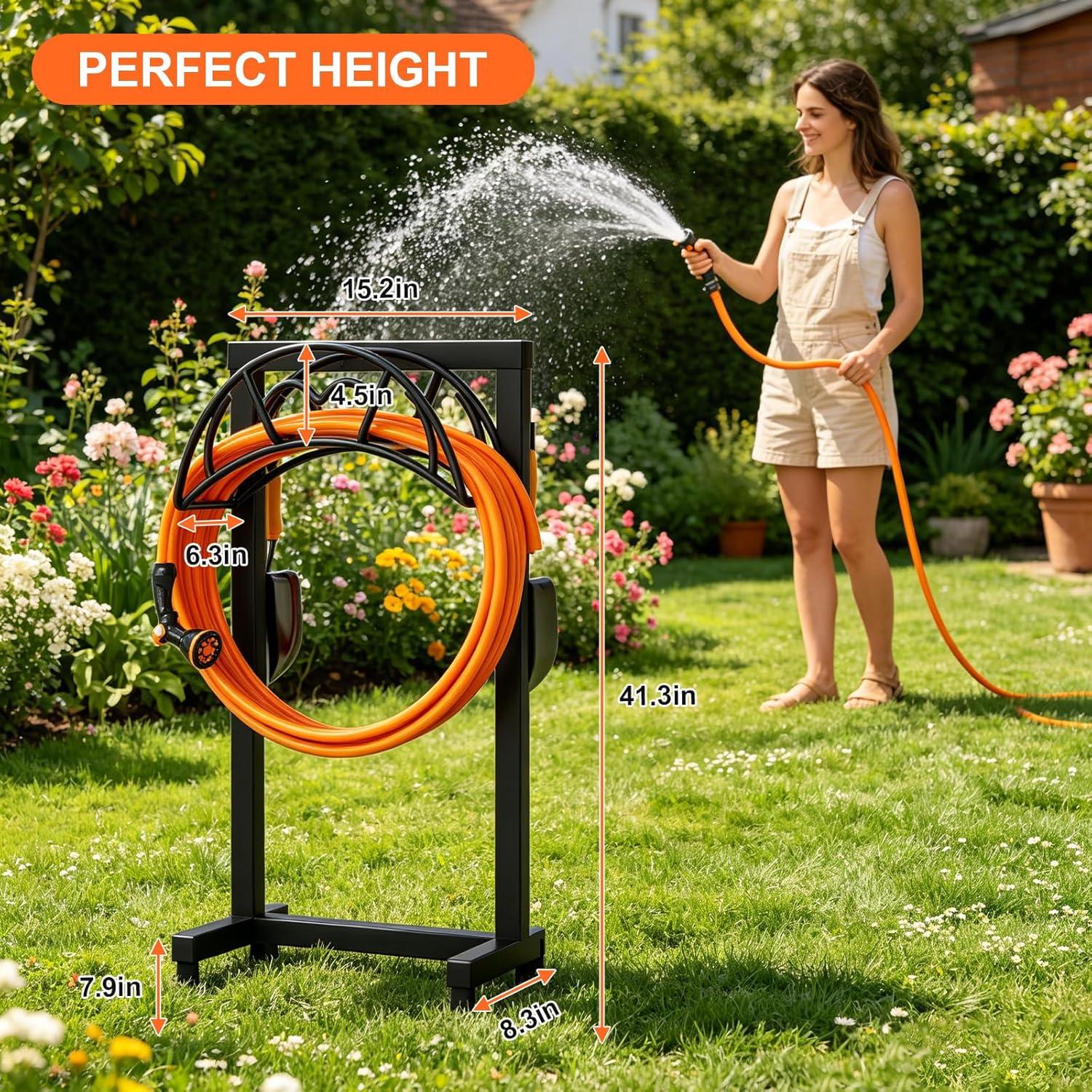 Garden Hose Holder, Freestanding Heavy Duty Water Hose Holder for Outside, Upgraded Metal Hose Stand with 4 Spikes