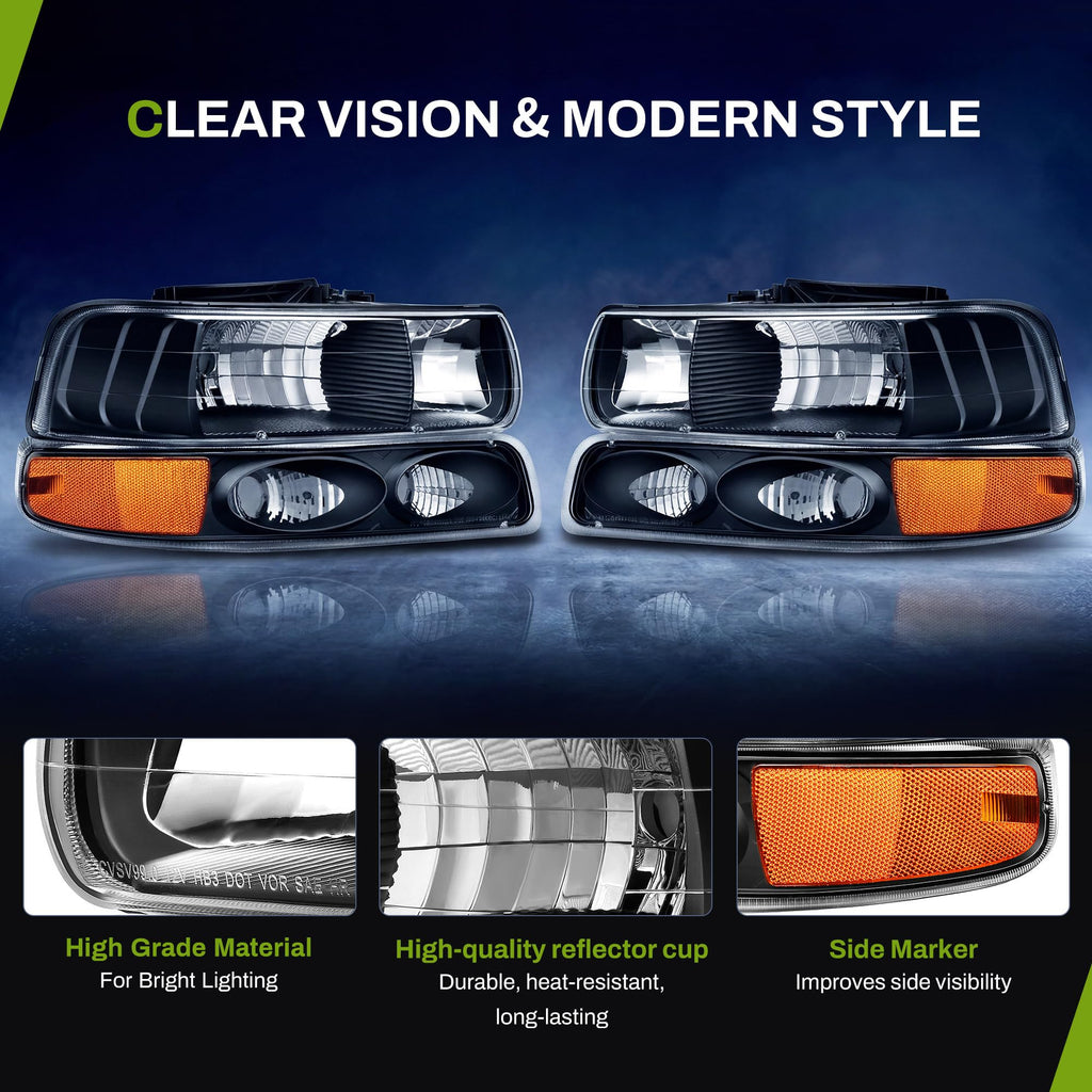 Headlight Assembly Compatible with 99-02 Chevy Silverado Black