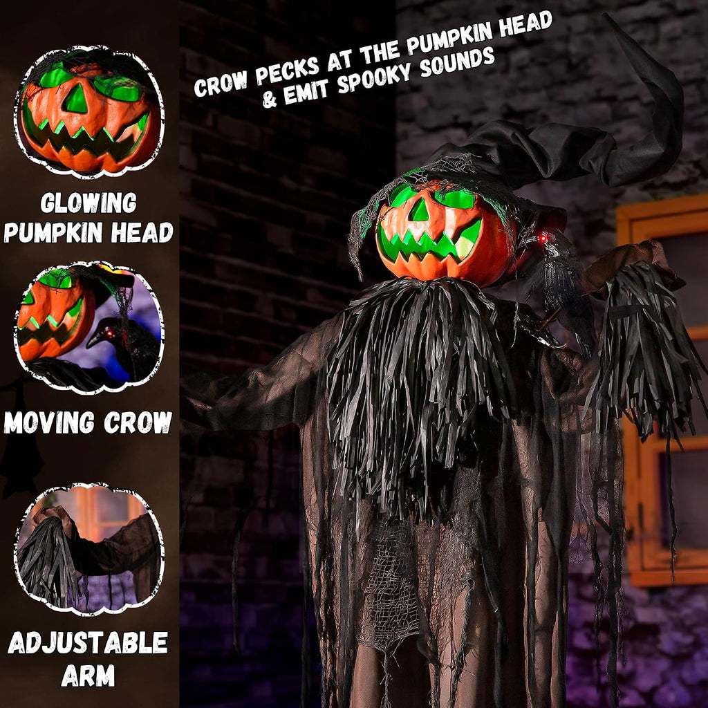 Halloween Animatronics Decorations, 5.5FT Animated Scarecrow with Pumpkin Head & Dynamic Crow, Sound Activated, Light