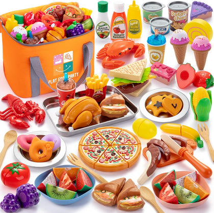 Pretend Play Food Set for Kds Kitchen, Cutting Toy Food with Storage Bag, Stainless Steel Tray and Plates, Fake Food