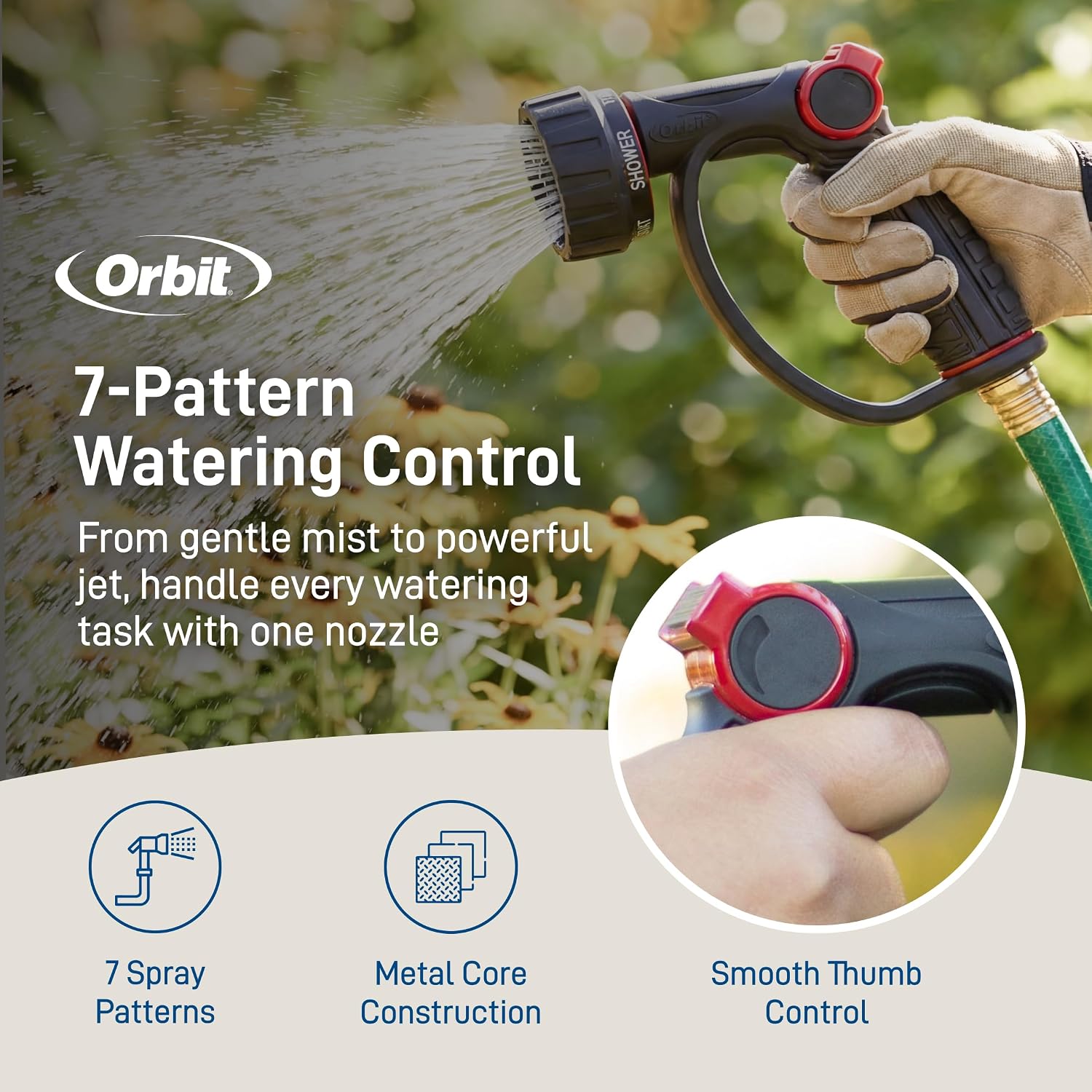 58993 7-Pattern Watering Nozzle with Thumb Control, Black